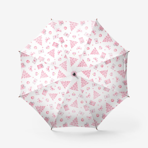 Зонт «Новогодний розовый паттерн: елочка, подарки и шары»