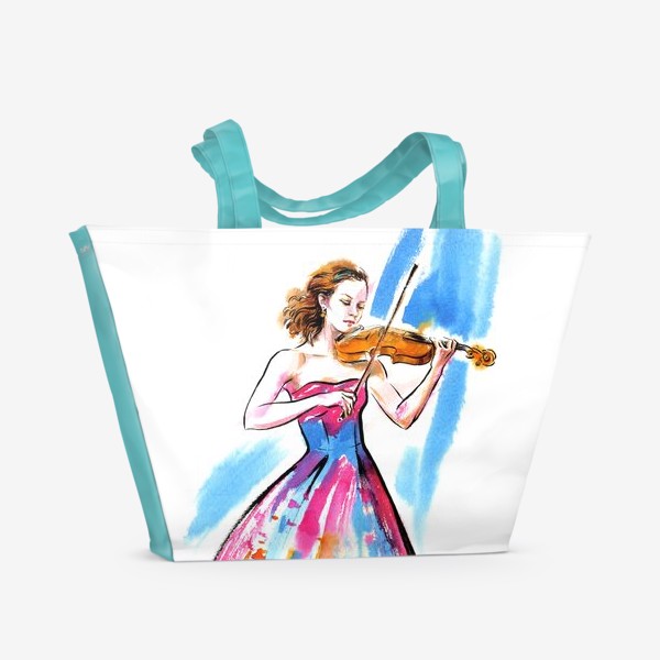 Пляжная сумка «Девушка-скрипачка, акварель»