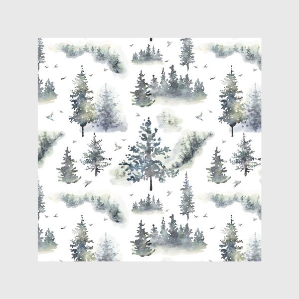Шторы «Акварельный нарисованный вручную бесшовный фон с туманным лесом, деревьями и птицами. Зеленые ели, сосны»