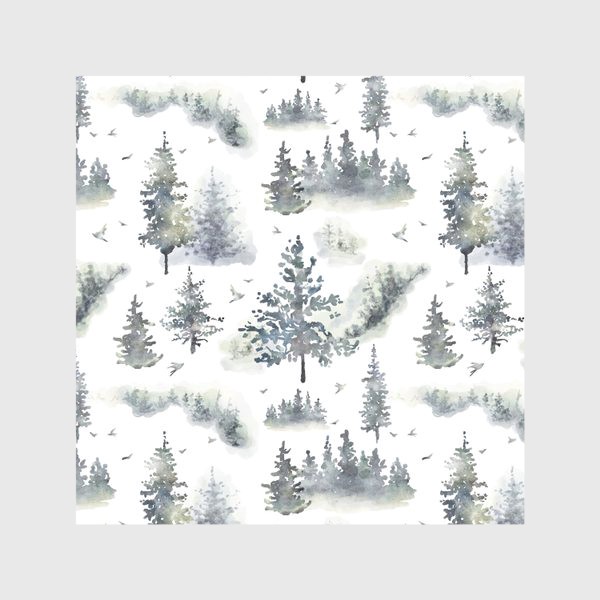 Скатерть «Акварельный нарисованный вручную бесшовный фон с туманным лесом, деревьями и птицами. Зеленые ели, сосны»