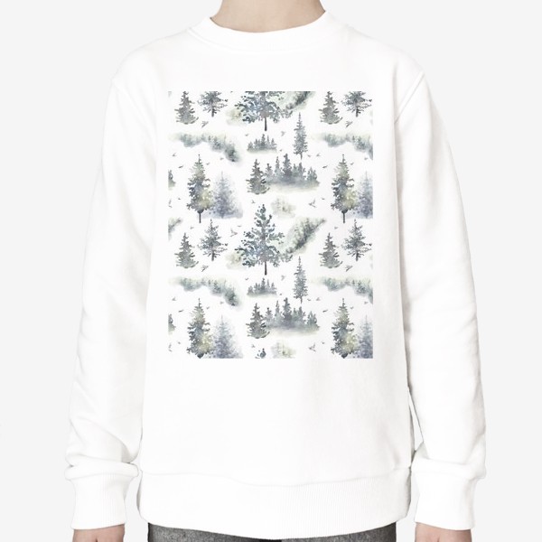 Свитшот «Акварельный нарисованный вручную бесшовный фон с туманным лесом, деревьями и птицами. Зеленые ели, сосны»