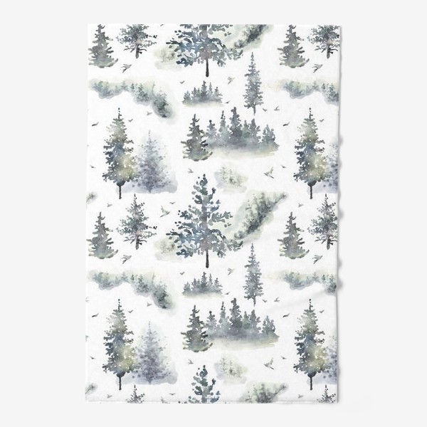 Полотенце «Акварельный нарисованный вручную бесшовный фон с туманным лесом, деревьями и птицами. Зеленые ели, сосны»