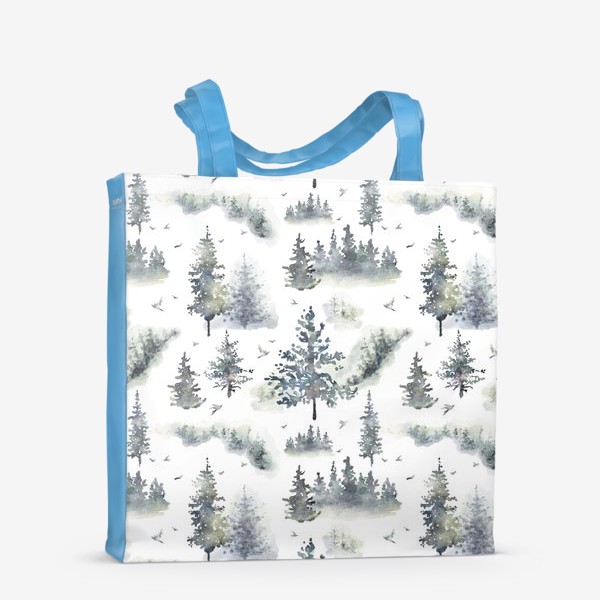 Сумка-шоппер «Акварельный нарисованный вручную бесшовный фон с туманным лесом, деревьями и птицами. Зеленые ели, сосны»