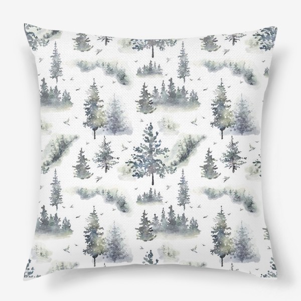 Подушка «Акварельный нарисованный вручную бесшовный фон с туманным лесом, деревьями и птицами. Зеленые ели, сосны»