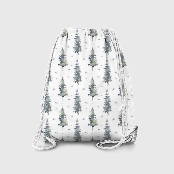 Рюкзак «Акварельный нарисованный вручную бесшовный фон с лесом, деревьями и птицами. Зеленые ели, сосны»