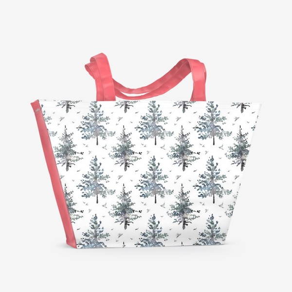 Пляжная сумка «Акварельный нарисованный вручную бесшовный фон с лесом, деревьями и птицами. Зеленые ели, сосны»