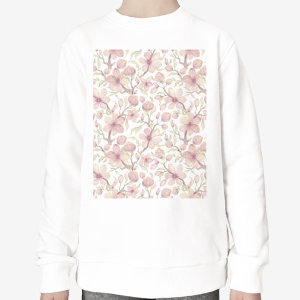 Свитшот «Акварельный нарисованный вручную бесшовный фон. Цветущие ветки вишни. Весенние розовые цветы»
