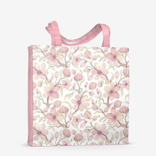 Сумка-шоппер «Акварельный нарисованный вручную бесшовный фон. Цветущие ветки вишни. Весенние розовые цветы»