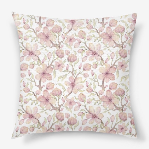 Подушка «Акварельный нарисованный вручную бесшовный фон. Цветущие ветки вишни. Весенние розовые цветы»
