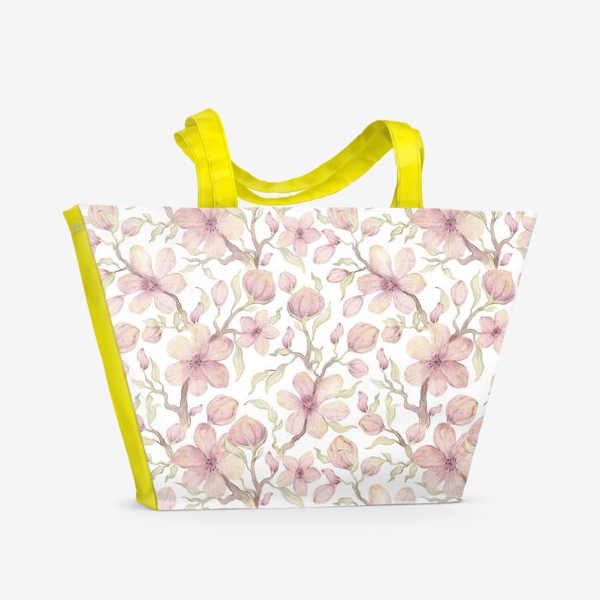 Пляжная сумка «Акварельный нарисованный вручную бесшовный фон. Цветущие ветки вишни. Весенние розовые цветы»