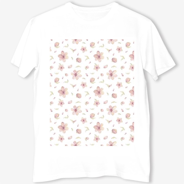 Футболка «Акварельный нарисованный вручную бесшовный фон. Цветущие ветки вишни. Весенние розовые цветы»