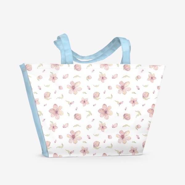 Пляжная сумка «Акварельный нарисованный вручную бесшовный фон. Цветущие ветки вишни. Весенние розовые цветы»
