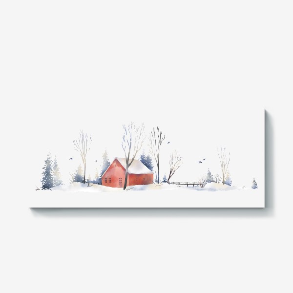 Холст «Акварельная нарисованная вручную иллюстрация с зимним пейзажем. Красный скандинавский дом в снегу, деревья, ели и птицы»
