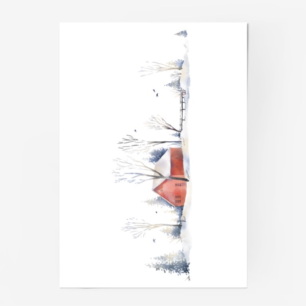Постер «Акварельная нарисованная вручную иллюстрация с зимним пейзажем. Красный скандинавский дом в снегу, деревья, ели и птицы»