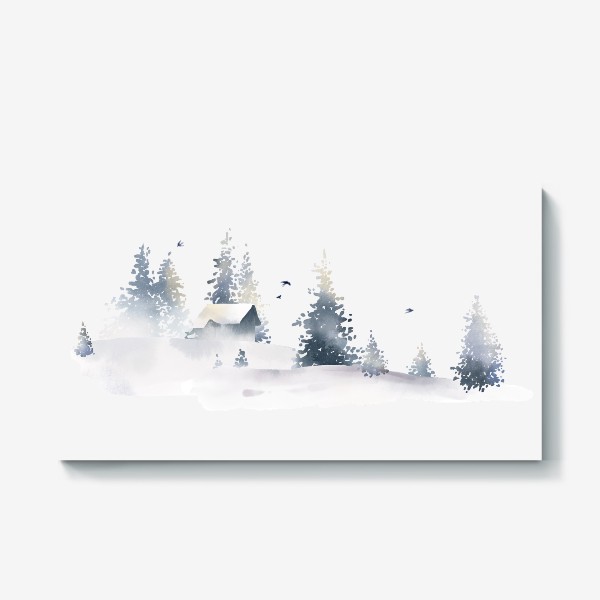 Холст «Акварельная нарисованная вручную иллюстрация с зимним пейзажем. Синий скандинавский дом в снегу, сугробы, ели и птицы»