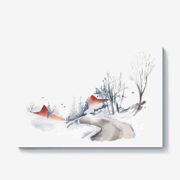 Холст &laquo;Акварельная нарисованная вручную иллюстрация с зимним пейзажем. Красные скандинавские дома в снегу, ели, дорога птицы&raquo;