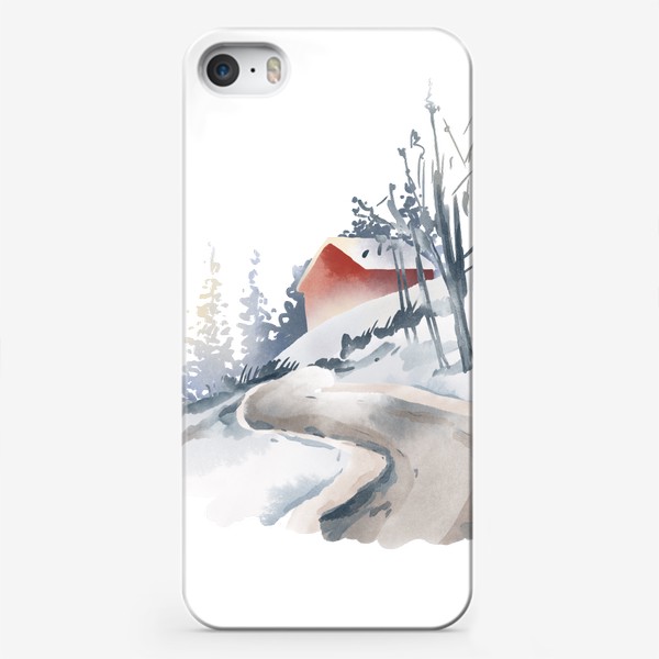 Чехол iPhone «Акварельная нарисованная вручную иллюстрация с зимним пейзажем. Красные скандинавские дома в снегу, ели, дорога птицы»