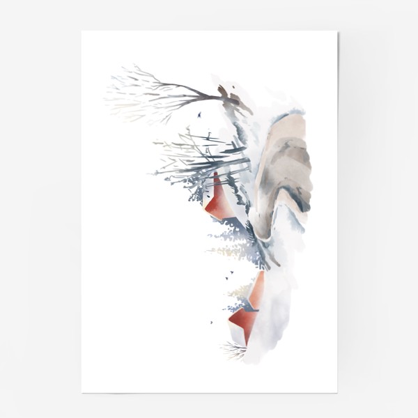 Постер «Акварельная нарисованная вручную иллюстрация с зимним пейзажем. Красные скандинавские дома в снегу, ели, дорога птицы»