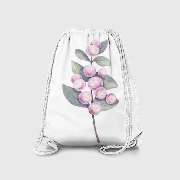 Рюкзак «Акварельная нарисованная вручную иллюстрация с изображением нежной веточки снежноягодника. Розовые ягоды, листья»
