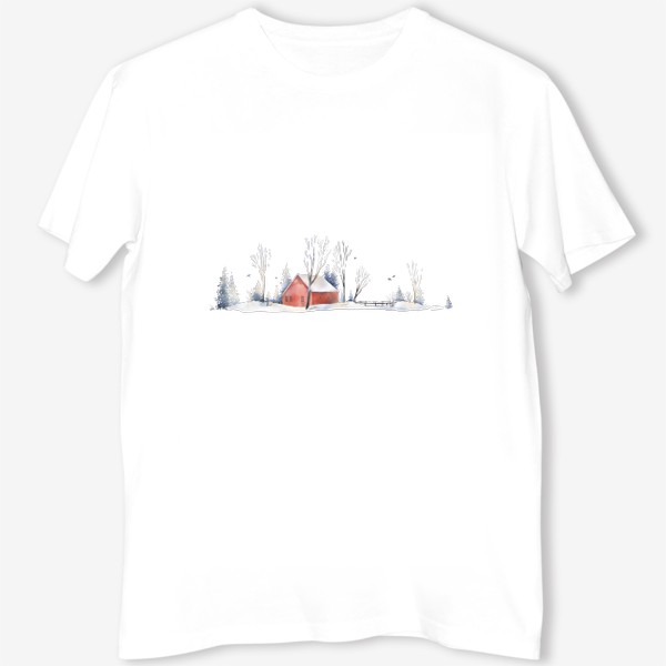 Футболка «Акварельная нарисованная вручную иллюстрация с зимним пейзажем. Красный скандинавский дом в снегу, деревья, ели и птицы»