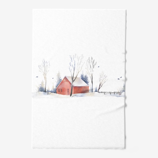 Полотенце &laquo;Акварельная нарисованная вручную иллюстрация с зимним пейзажем. Красный скандинавский дом в снегу, деревья, ели и птицы&raquo;