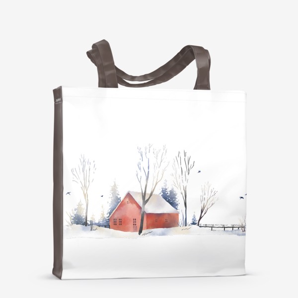 Сумка-шоппер &laquo;Акварельная нарисованная вручную иллюстрация с зимним пейзажем. Красный скандинавский дом в снегу, деревья, ели и птицы&raquo;