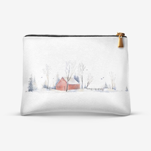 Косметичка &laquo;Акварельная нарисованная вручную иллюстрация с зимним пейзажем. Красный скандинавский дом в снегу, деревья, ели и птицы&raquo;