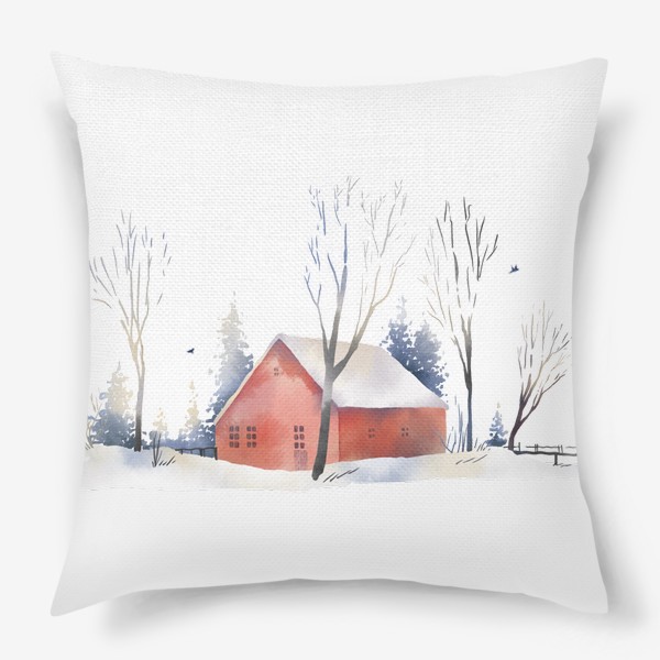 Подушка «Акварельная нарисованная вручную иллюстрация с зимним пейзажем. Красный скандинавский дом в снегу, деревья, ели и птицы»
