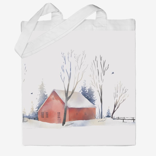 Сумка хб «Акварельная нарисованная вручную иллюстрация с зимним пейзажем. Красный скандинавский дом в снегу, деревья, ели и птицы»