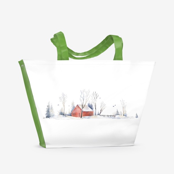 Пляжная сумка «Акварельная нарисованная вручную иллюстрация с зимним пейзажем. Красный скандинавский дом в снегу, деревья, ели и птицы»