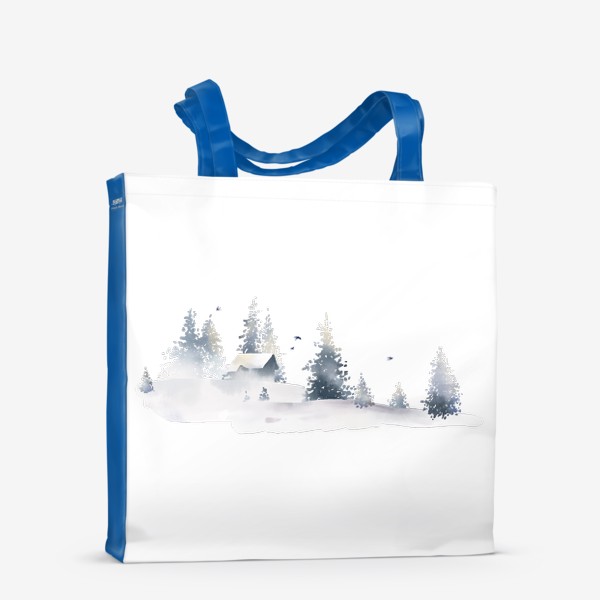 Сумка-шоппер «Акварельная нарисованная вручную иллюстрация с зимним пейзажем. Синий скандинавский дом в снегу, сугробы, ели и птицы»