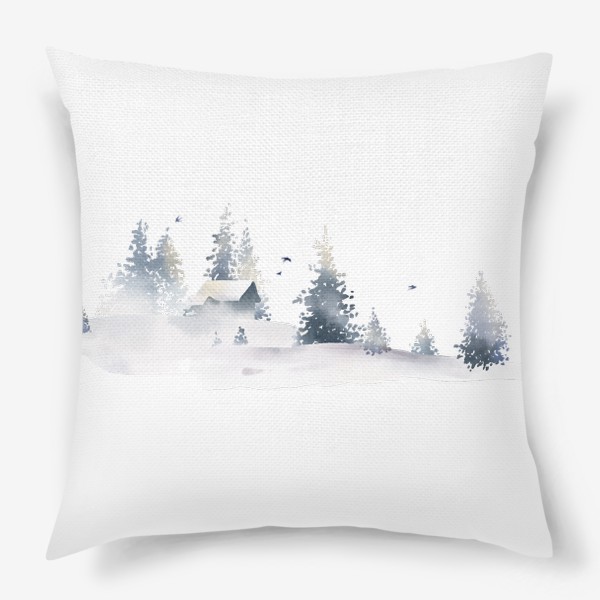 Подушка «Акварельная нарисованная вручную иллюстрация с зимним пейзажем. Синий скандинавский дом в снегу, сугробы, ели и птицы»