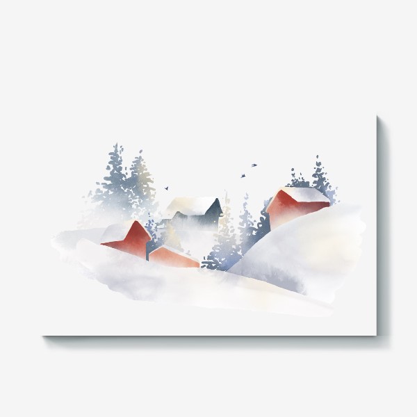 Холст &laquo;Акварельная нарисованная вручную иллюстрация с зимним пейзажем. Красные скандинавские дома в снегу, ели, сугробы, птицы&raquo;