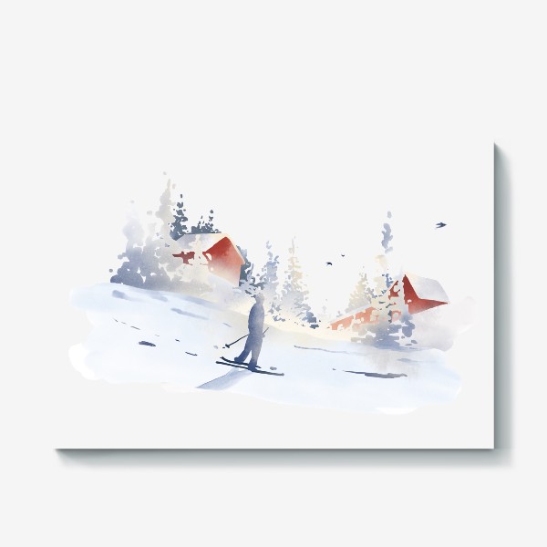 Холст &laquo;Акварельная нарисованная вручную иллюстрация с зимним пейзажем. Лыжник едет по склону, красные дома, снег, ели, сугробы&raquo;