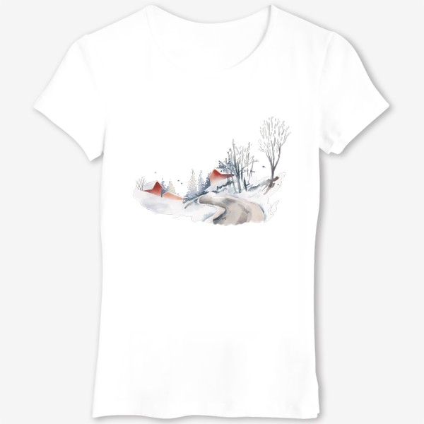 Футболка «Акварельная нарисованная вручную иллюстрация с зимним пейзажем. Красные скандинавские дома в снегу, ели, дорога птицы»
