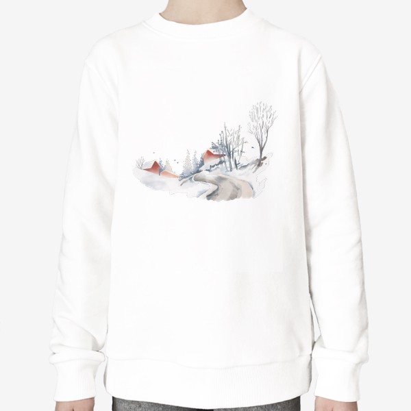 Свитшот &laquo;Акварельная нарисованная вручную иллюстрация с зимним пейзажем. Красные скандинавские дома в снегу, ели, дорога птицы&raquo;
