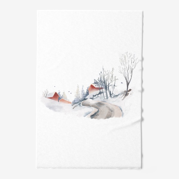 Полотенце «Акварельная нарисованная вручную иллюстрация с зимним пейзажем. Красные скандинавские дома в снегу, ели, дорога птицы»