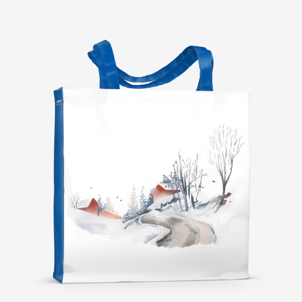Сумка-шоппер «Акварельная нарисованная вручную иллюстрация с зимним пейзажем. Красные скандинавские дома в снегу, ели, дорога птицы»