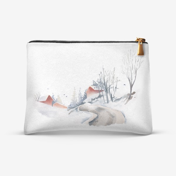 Косметичка «Акварельная нарисованная вручную иллюстрация с зимним пейзажем. Красные скандинавские дома в снегу, ели, дорога птицы»