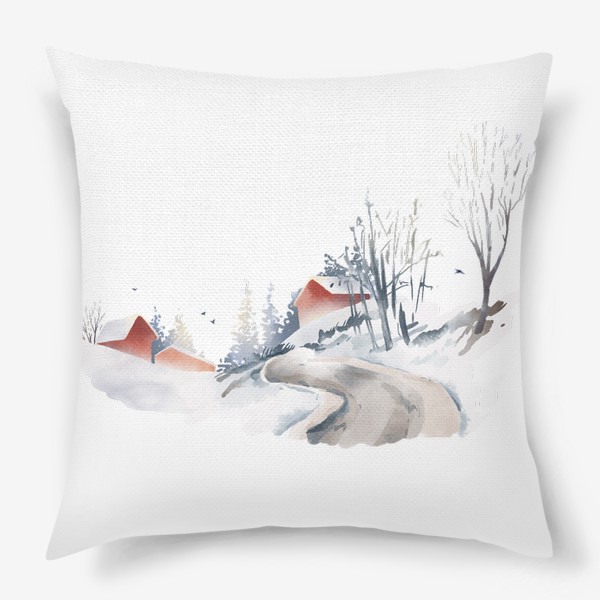 Подушка &laquo;Акварельная нарисованная вручную иллюстрация с зимним пейзажем. Красные скандинавские дома в снегу, ели, дорога птицы&raquo;