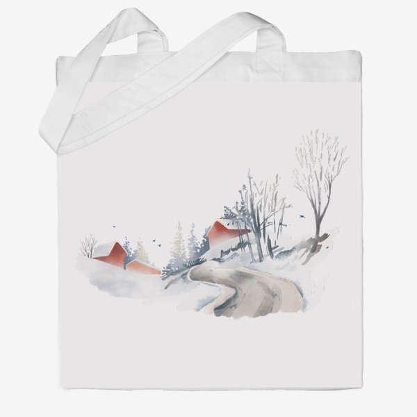 Сумка хб &laquo;Акварельная нарисованная вручную иллюстрация с зимним пейзажем. Красные скандинавские дома в снегу, ели, дорога птицы&raquo;