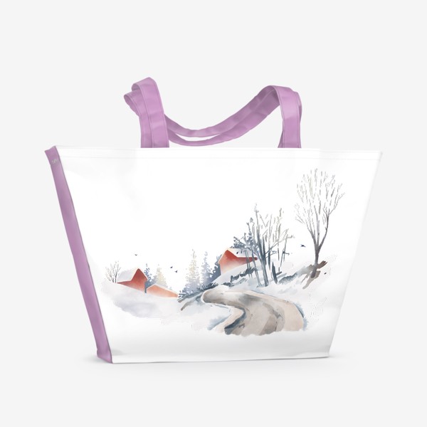 Пляжная сумка «Акварельная нарисованная вручную иллюстрация с зимним пейзажем. Красные скандинавские дома в снегу, ели, дорога птицы»