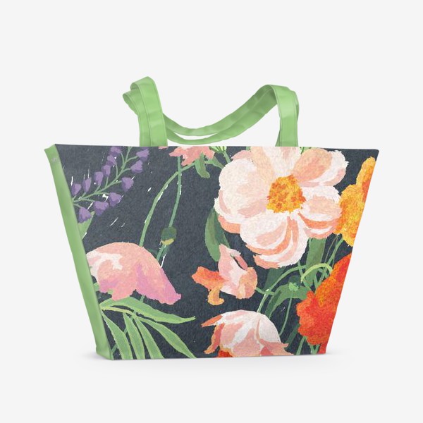 Пляжная сумка «Яркие цветы на темном фоне / Bright flowers on dark background »
