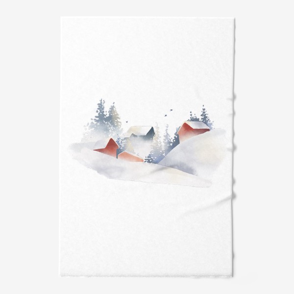 Полотенце &laquo;Акварельная нарисованная вручную иллюстрация с зимним пейзажем. Красные скандинавские дома в снегу, ели, сугробы, птицы&raquo;