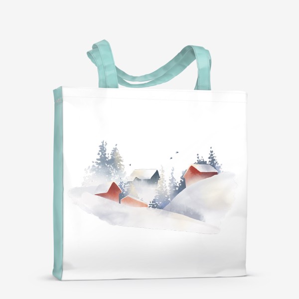 Сумка-шоппер «Акварельная нарисованная вручную иллюстрация с зимним пейзажем. Красные скандинавские дома в снегу, ели, сугробы, птицы»