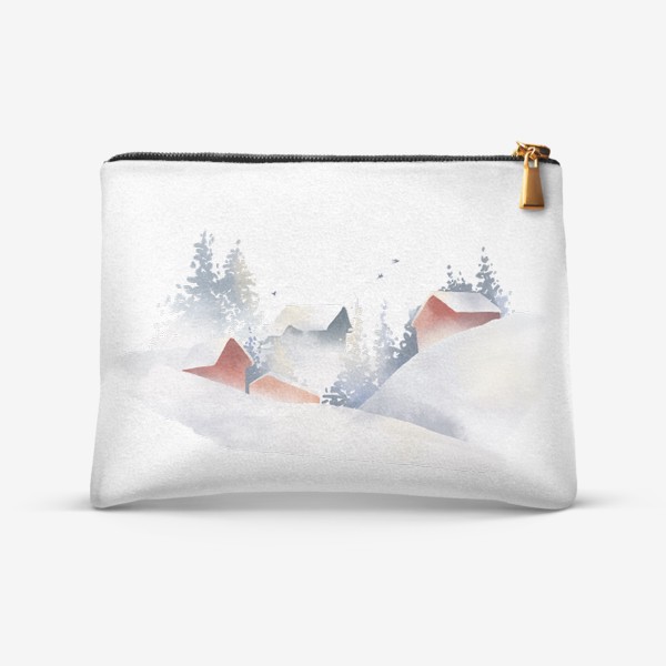 Косметичка «Акварельная нарисованная вручную иллюстрация с зимним пейзажем. Красные скандинавские дома в снегу, ели, сугробы, птицы»