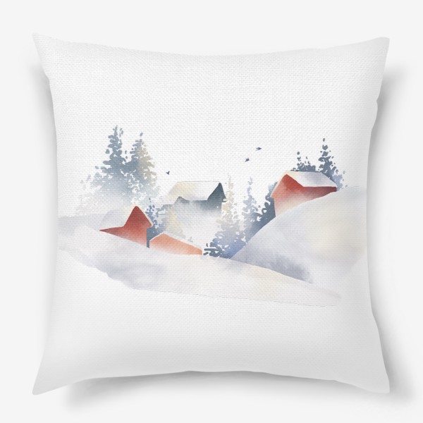 Подушка &laquo;Акварельная нарисованная вручную иллюстрация с зимним пейзажем. Красные скандинавские дома в снегу, ели, сугробы, птицы&raquo;