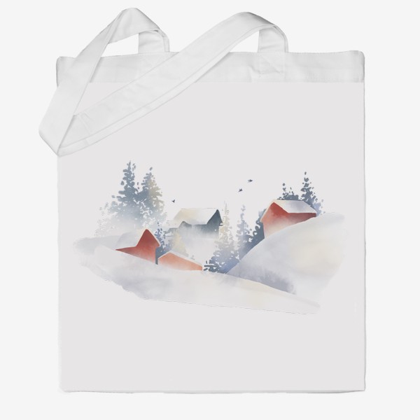 Сумка хб «Акварельная нарисованная вручную иллюстрация с зимним пейзажем. Красные скандинавские дома в снегу, ели, сугробы, птицы»