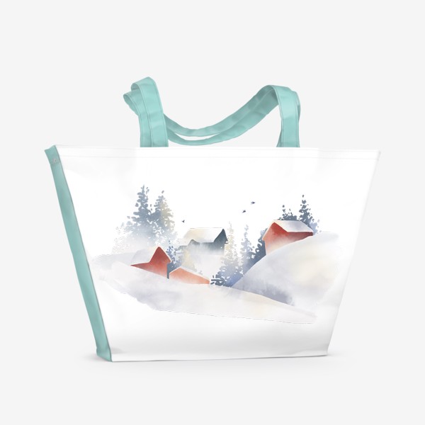 Пляжная сумка «Акварельная нарисованная вручную иллюстрация с зимним пейзажем. Красные скандинавские дома в снегу, ели, сугробы, птицы»