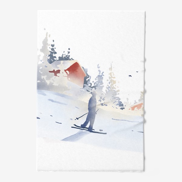 Полотенце &laquo;Акварельная нарисованная вручную иллюстрация с зимним пейзажем. Лыжник едет по склону, красные дома, снег, ели, сугробы&raquo;